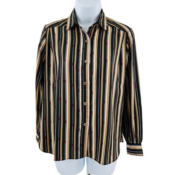 Evan Picone Tan Black Striped Silk Long Sleeve Button Down Top Blouse 3/4 XS - Picture 2 of 9